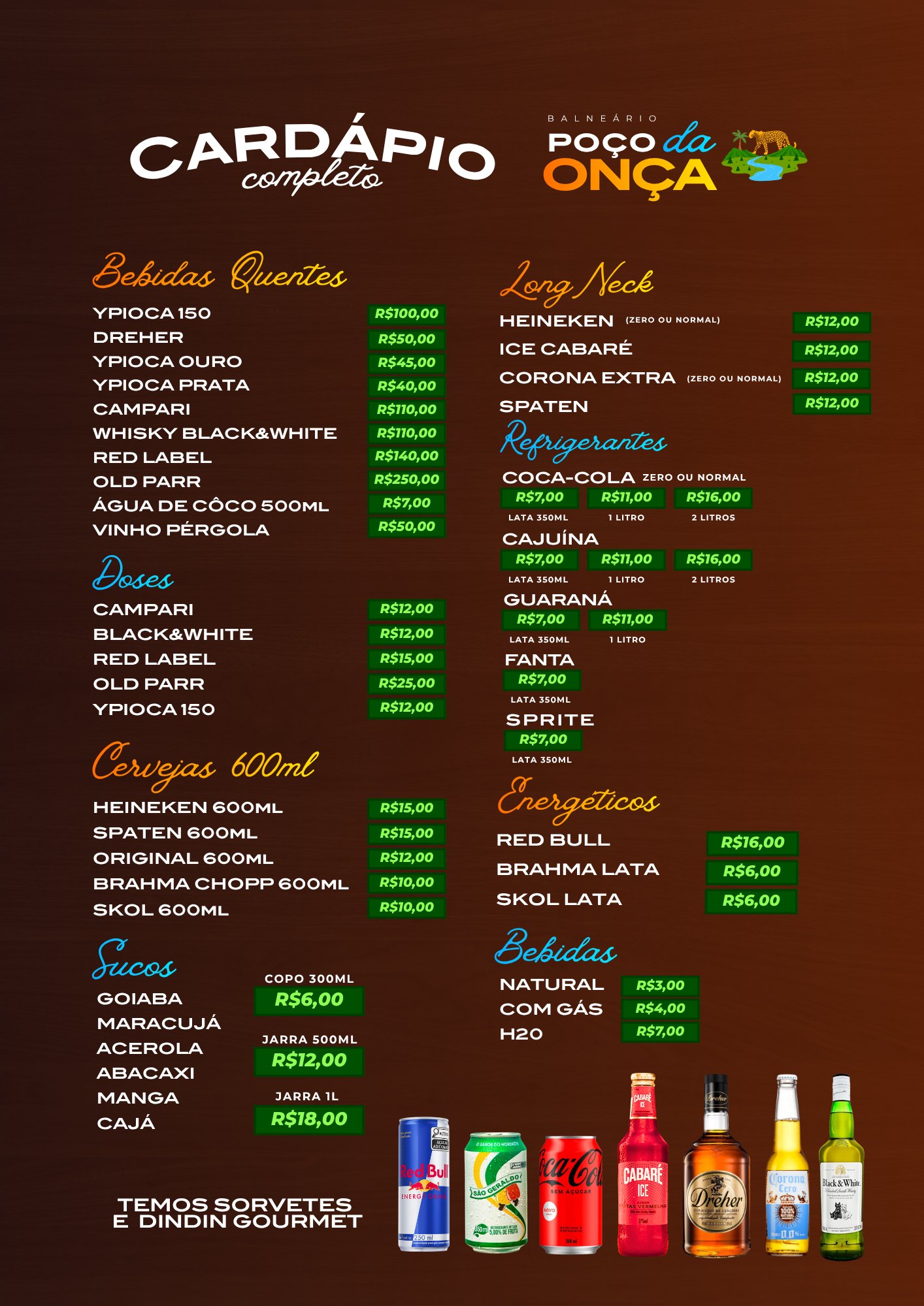 Cardápio de bebidas do Balneário Poço da Onça