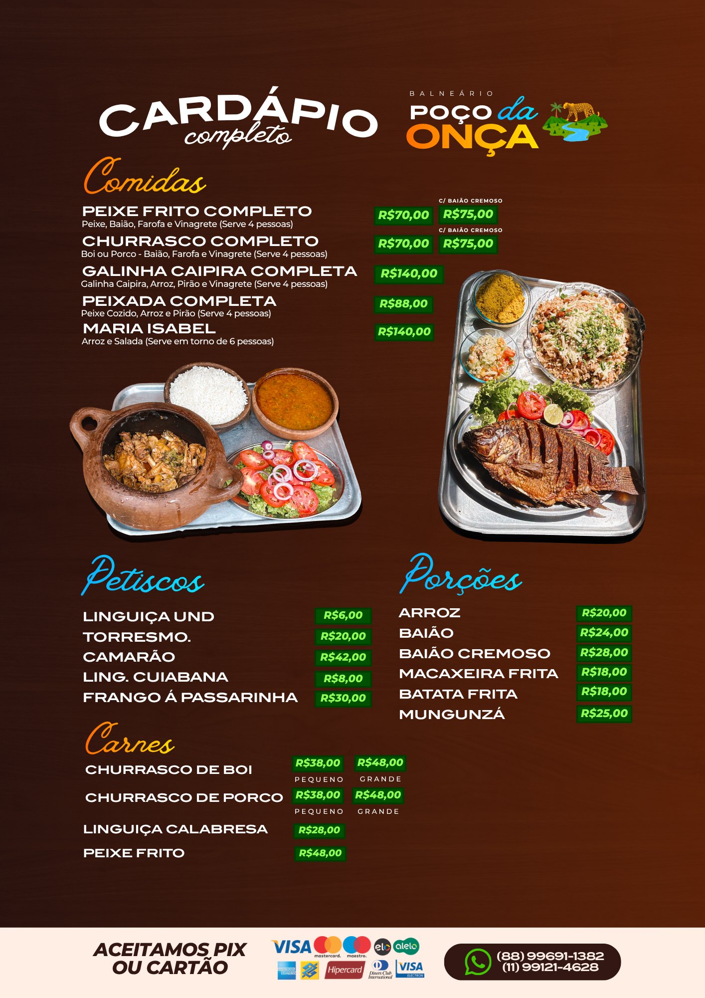 Cardápio de comidas do Balneário Poço da Onça: peixe, churrasco, baião de dois cremoso, camarão, petiscos e porções